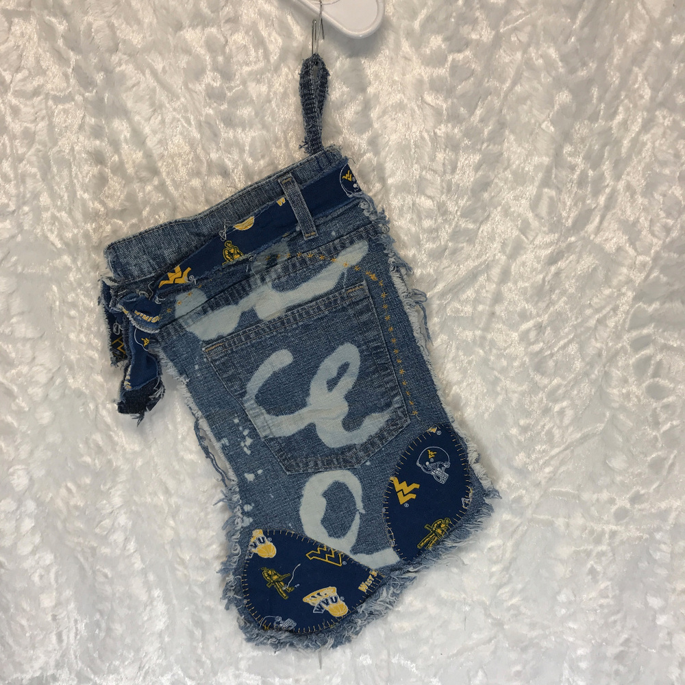 Christmas Stocking Hand Made Denim Distressed WVU